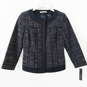 NWT Tahari Tweed Chanel-Style Cropped Blazer, Navy w/Ivory & Gold Specs, 00P, 0P
